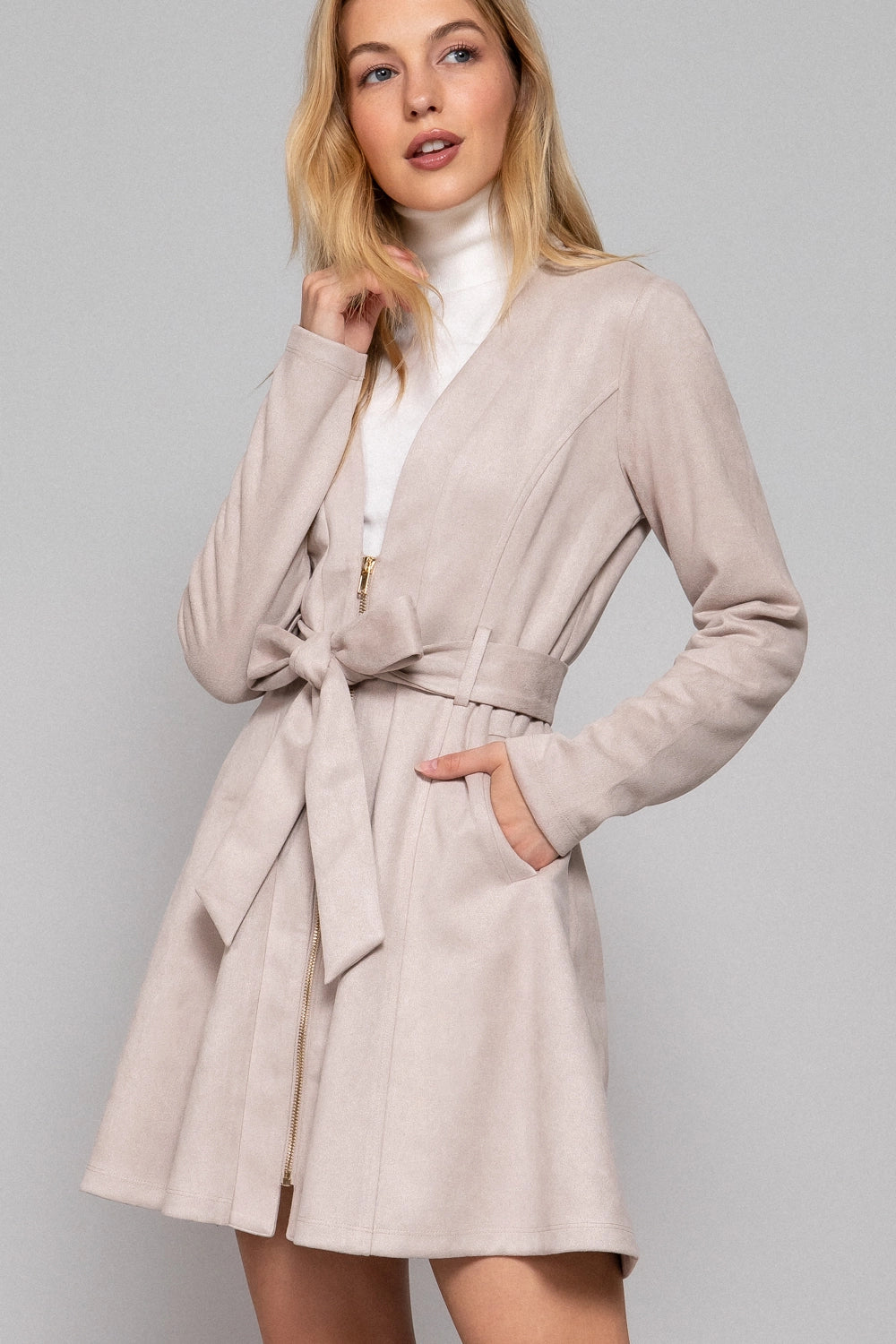 Ladies Long Sleeve V-Neck Zip-Up Belted Faux Suede Dress Jacket