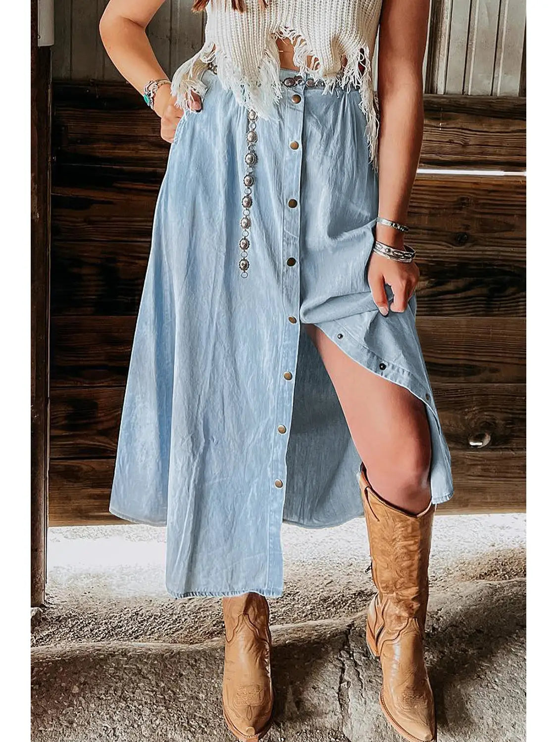 Ladies Denim Chambray Buttoned Midi Skirt