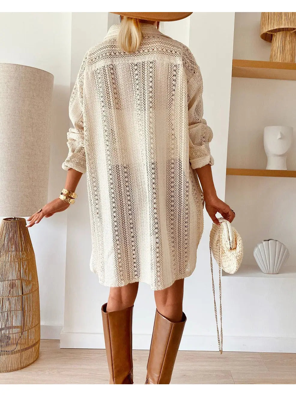 Ladies Crochet Lace Collared Tunic Shirt