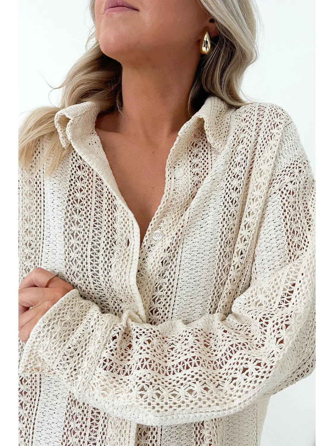 Ladies Crochet Lace Collared Tunic Shirt