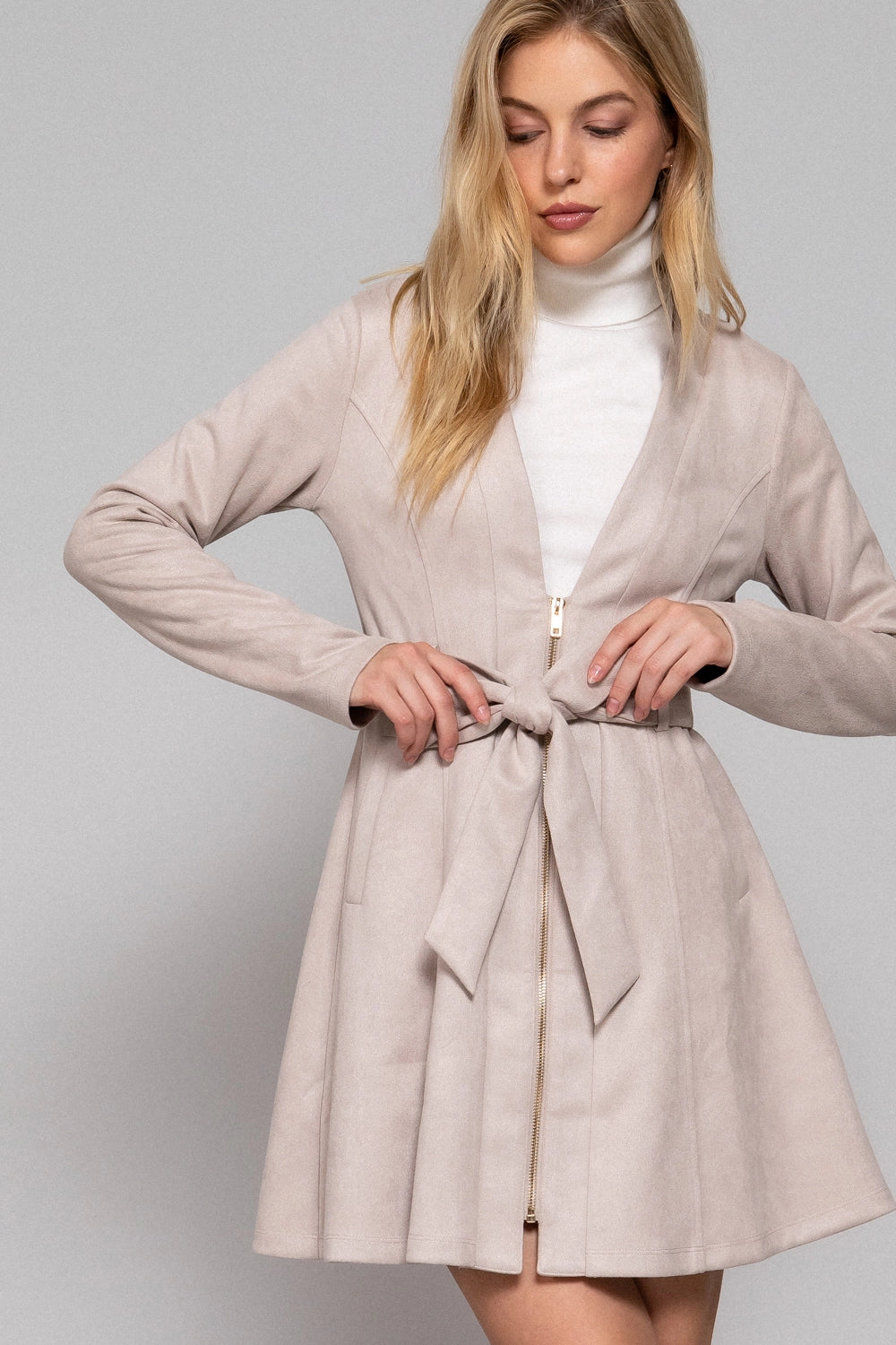 Ladies Long Sleeve V-Neck Zip-Up Belted Faux Suede Dress Jacket