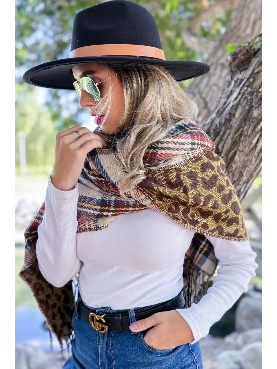 Ladies Ivory Plaid Leopard Reversible Shawl Poncho Accessory