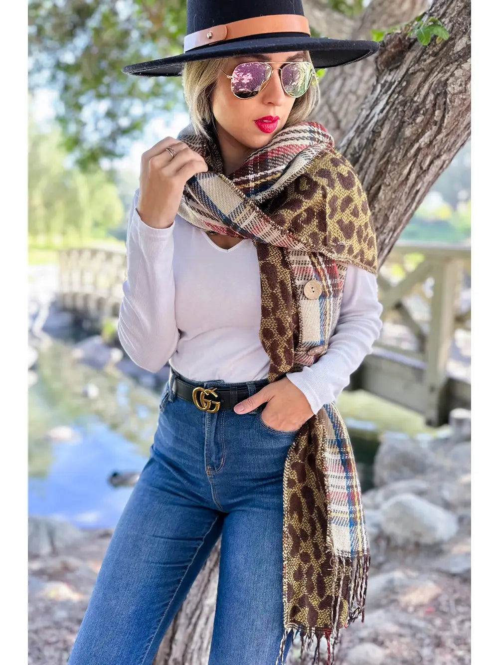 Ladies Ivory Plaid Leopard Reversible Shawl Poncho Accessory