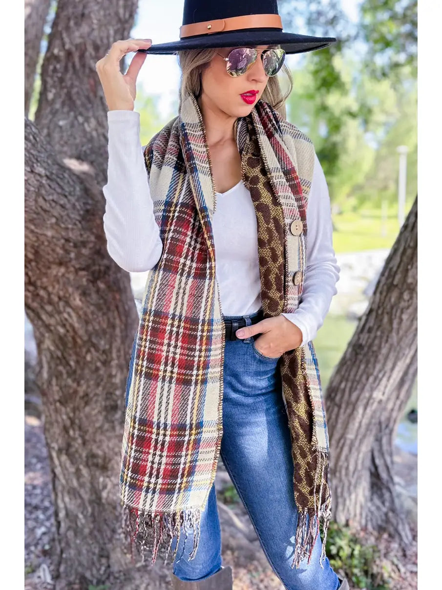 Ladies Ivory Plaid Leopard Reversible Shawl Poncho Accessory