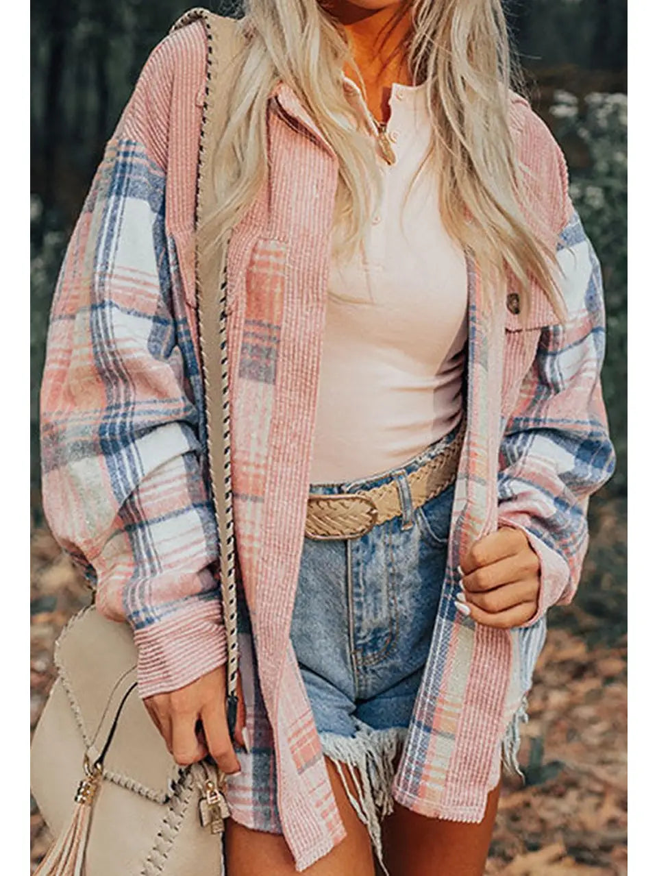 Ladies Plaid Corduroy Patchwork Chest Pocket Shacket