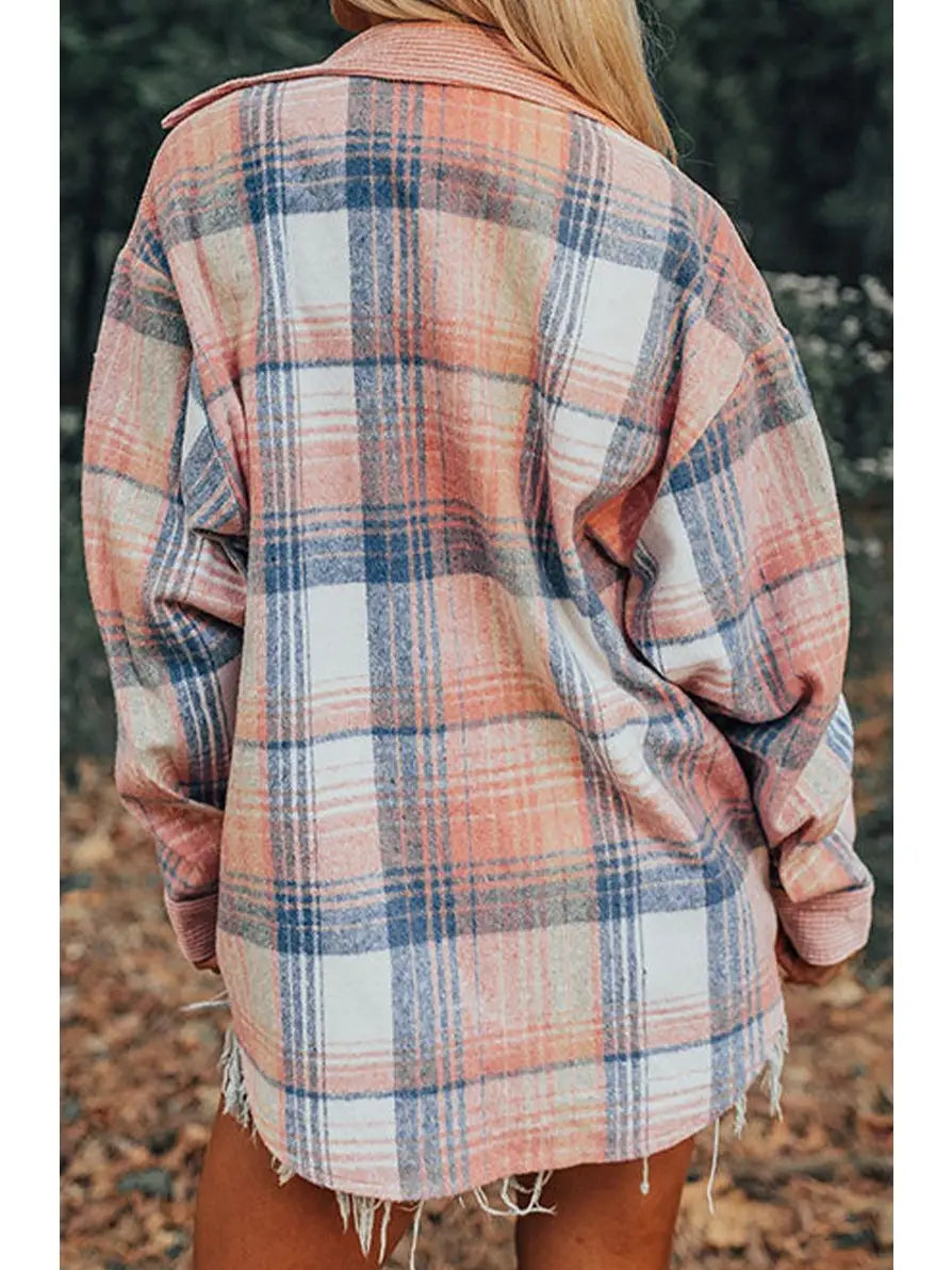 Ladies Plaid Corduroy Patchwork Chest Pocket Shacket