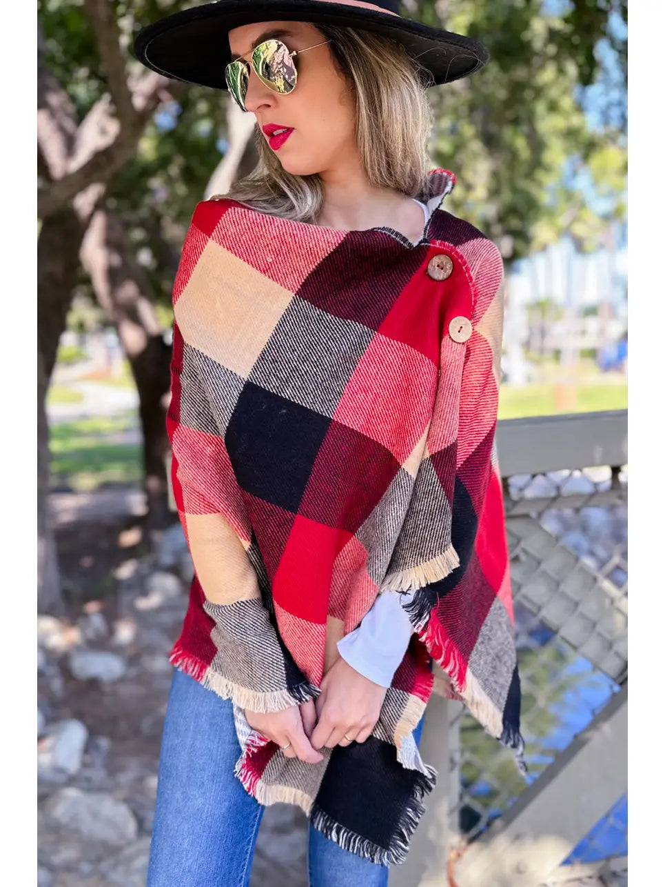 Ladies Black Red Plaid Printed Shawl Scarf Poncho Accessory