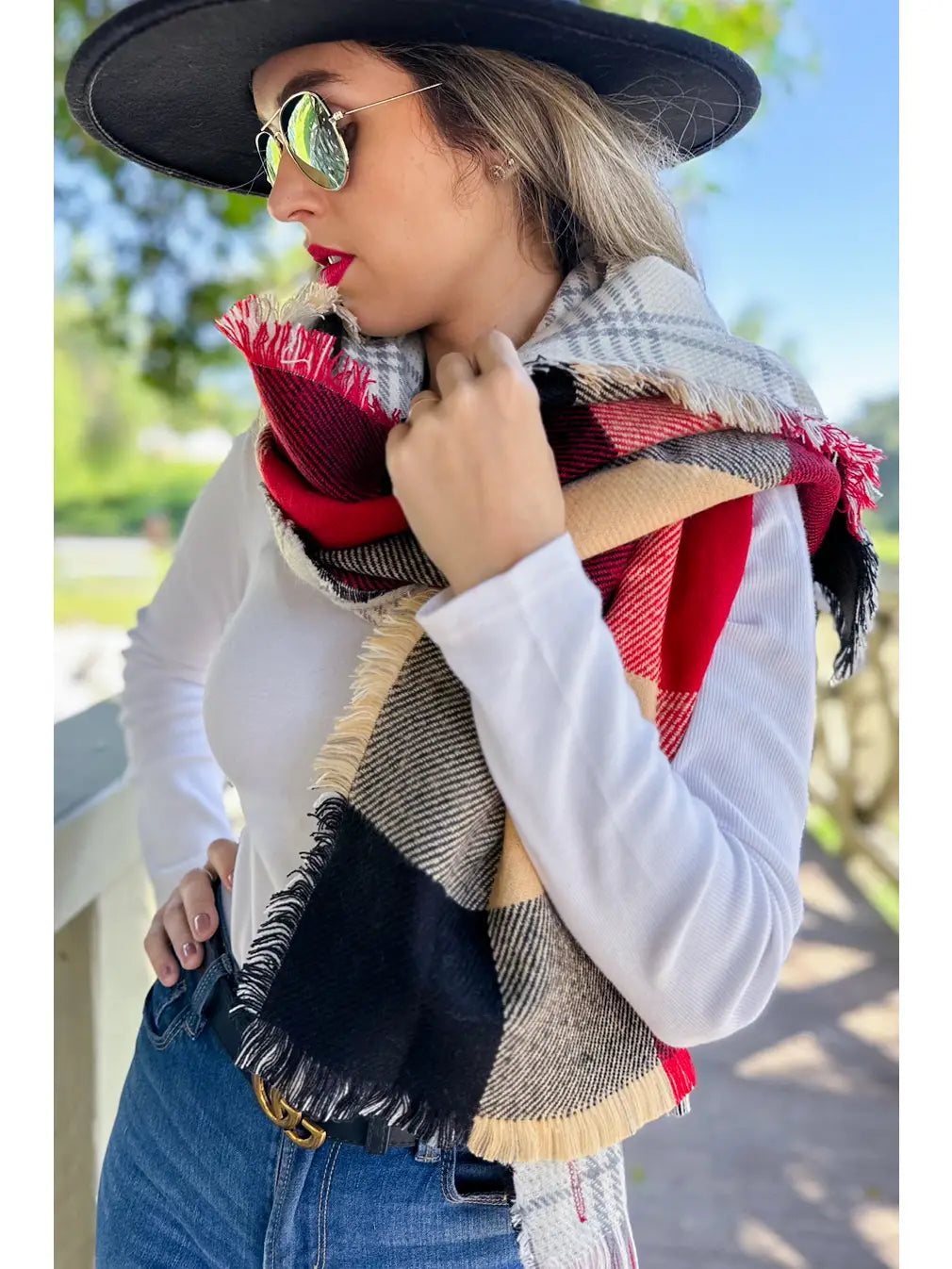 Ladies Black Red Plaid Printed Shawl Scarf Poncho Accessory