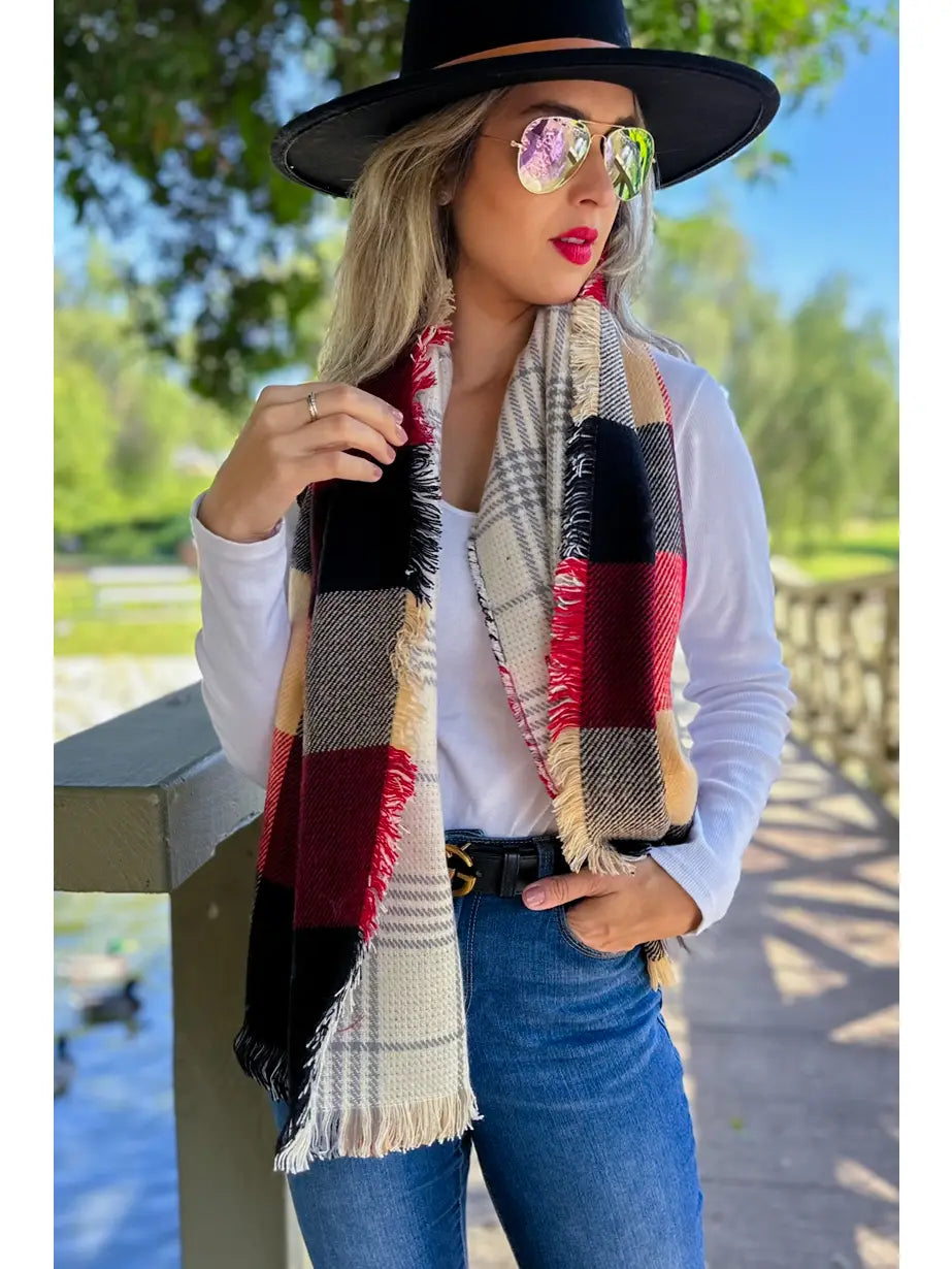 Ladies Black Red Plaid Printed Shawl Scarf Poncho Accessory