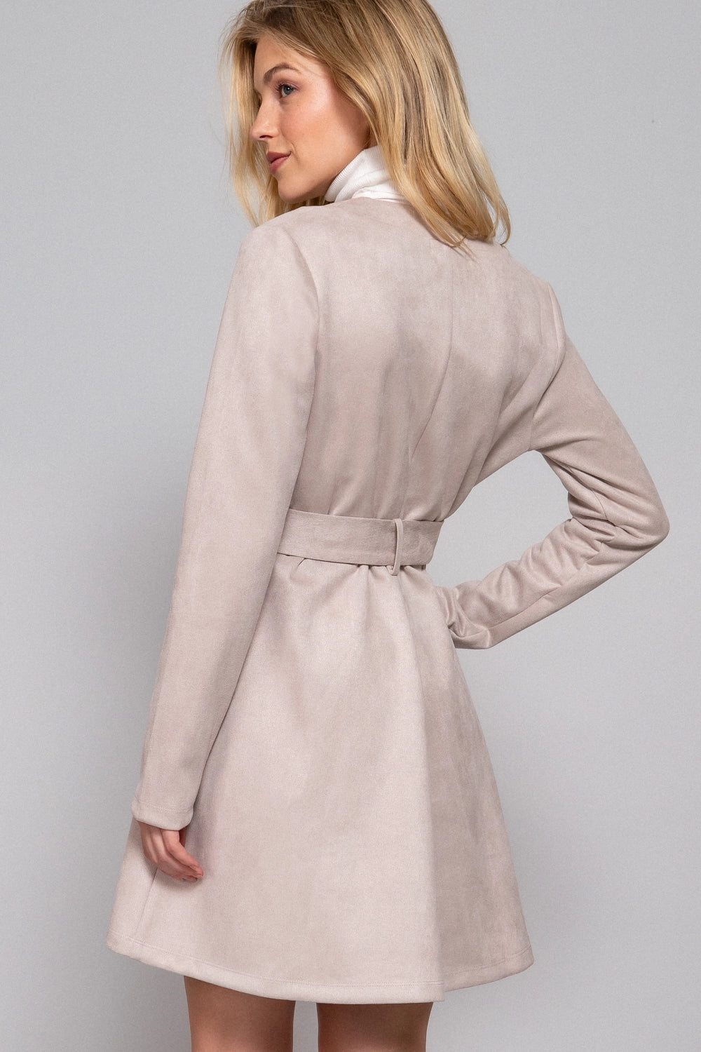 Long Sleeve V-Neck Zip-Up Belted Faux Suede Dress Jacket