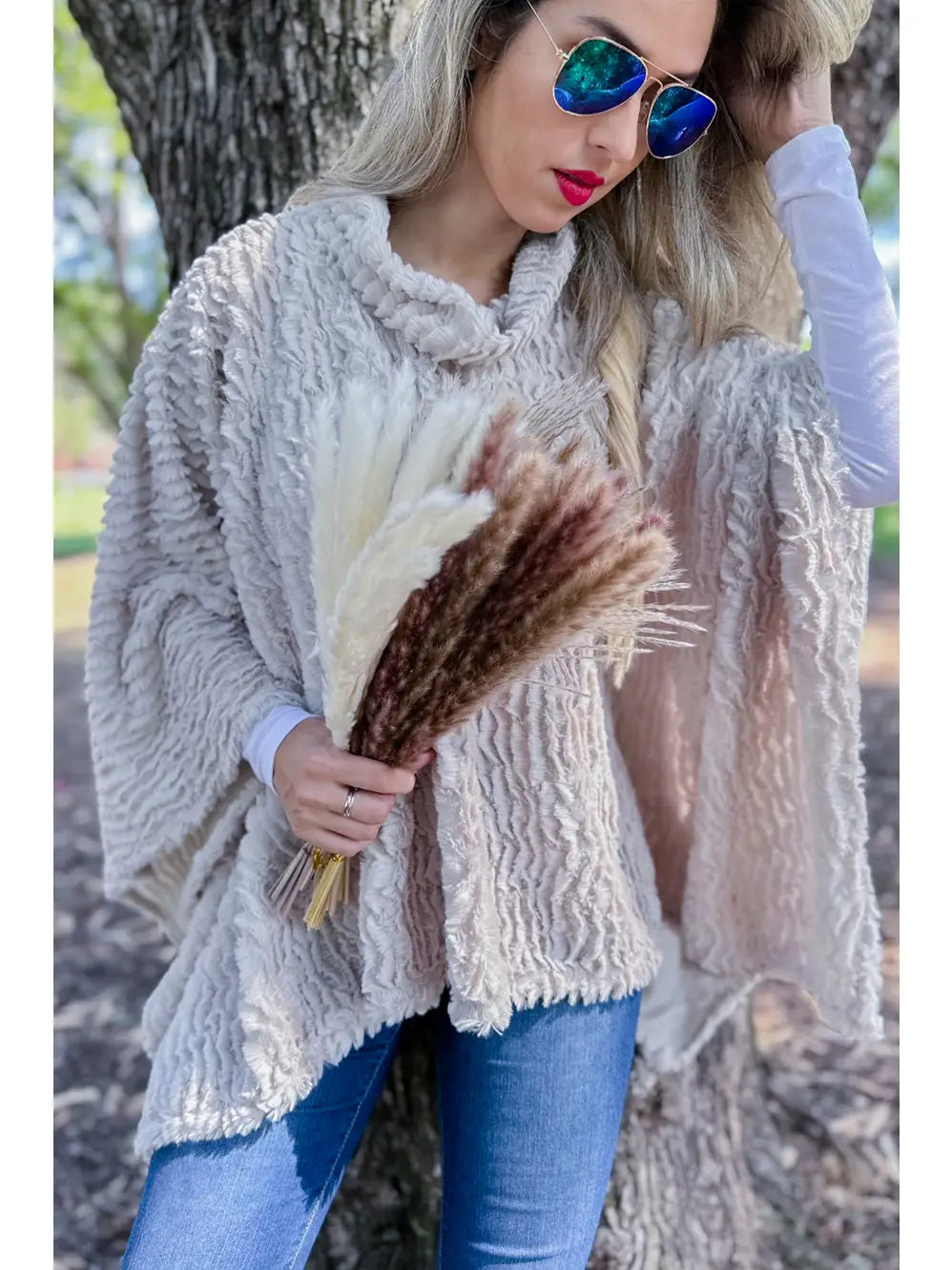 Beige Textured Faux Fur Cozy Turtleneck Poncho