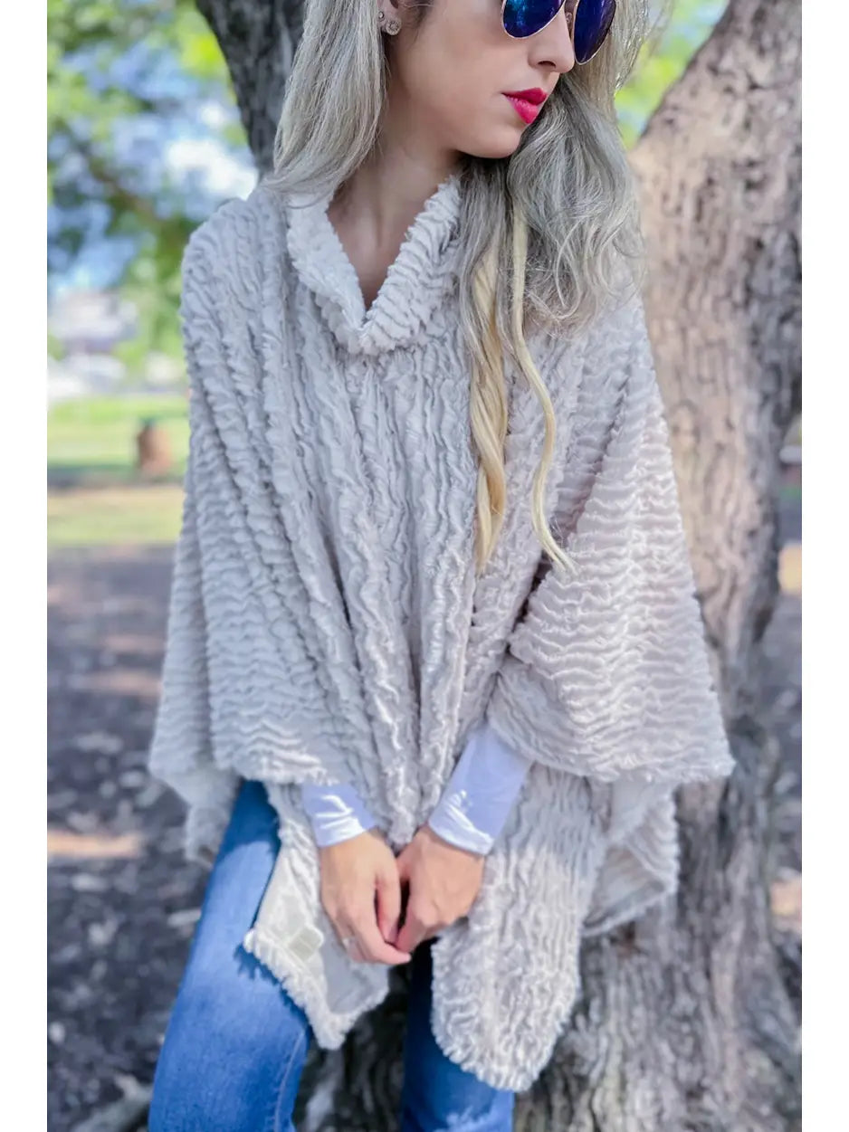 Beige Textured Faux Fur Cozy Turtleneck Poncho