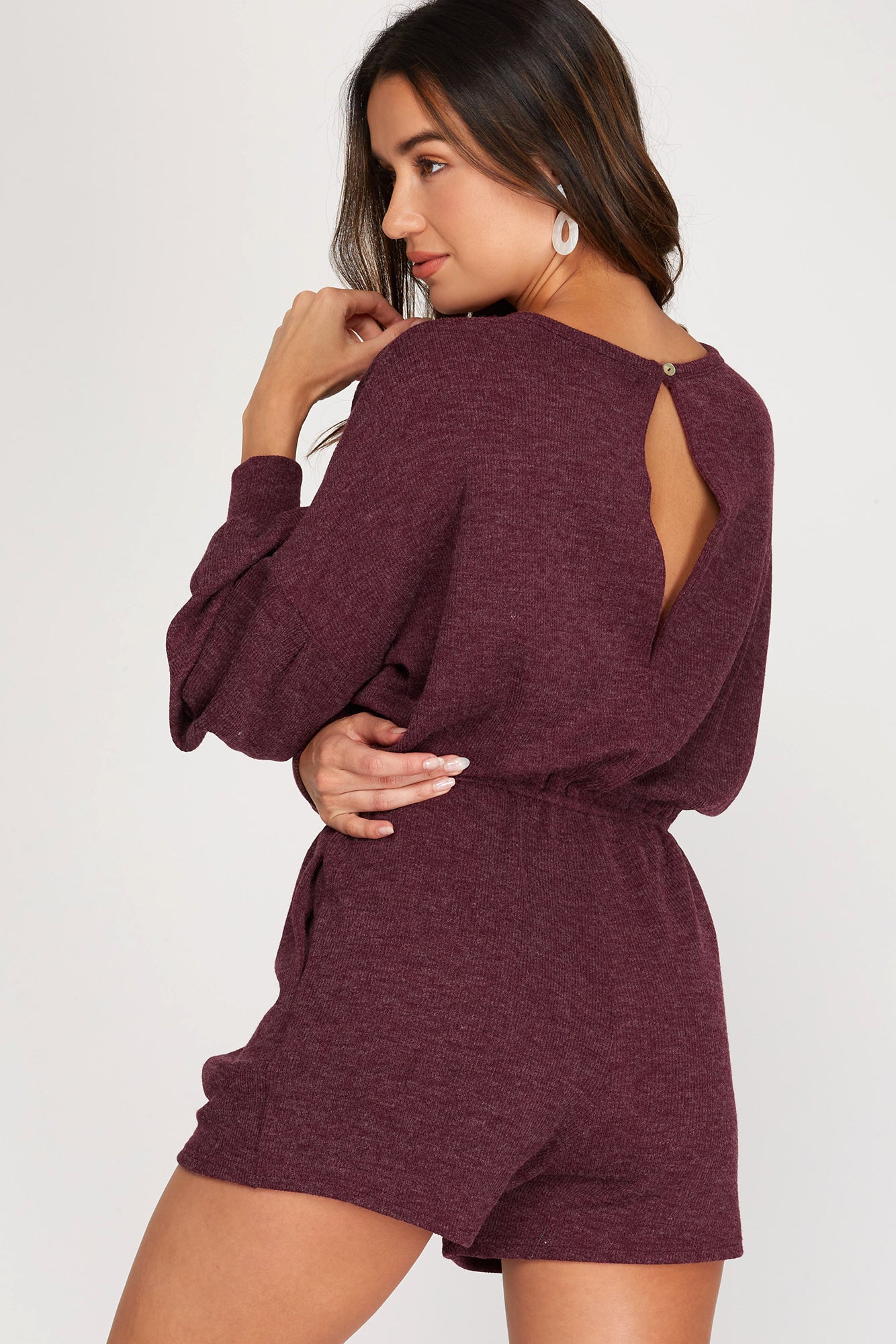 LONG PUFF SLEEVE HEAVY KNIT ROMPER WITH POCKETS