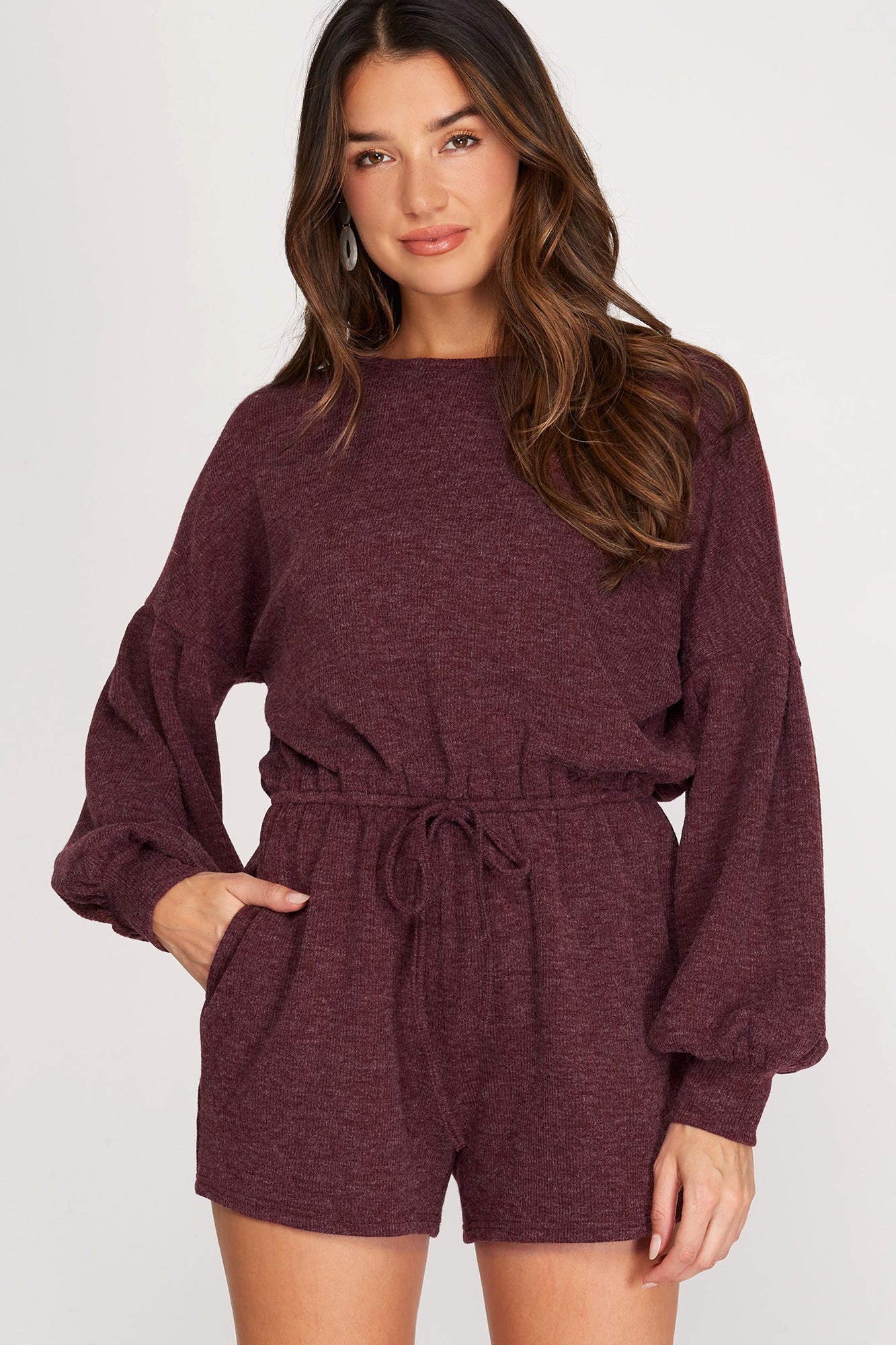 LONG PUFF SLEEVE HEAVY KNIT ROMPER WITH POCKETS