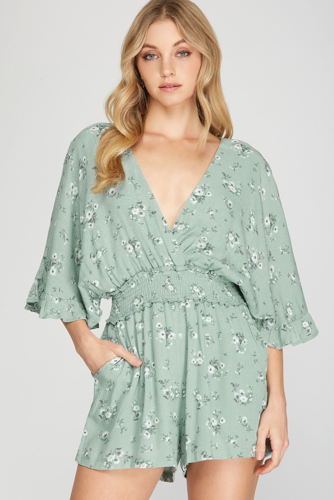 KIMONO SLEEVE WOVEN PRINT ROMPER