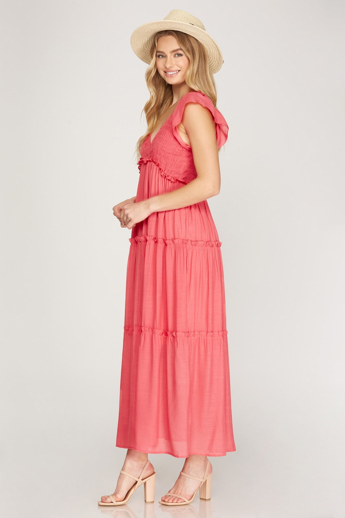 RUFFLED SLEEVE SMOCKED MAXI TIERED WOVEN DRESS