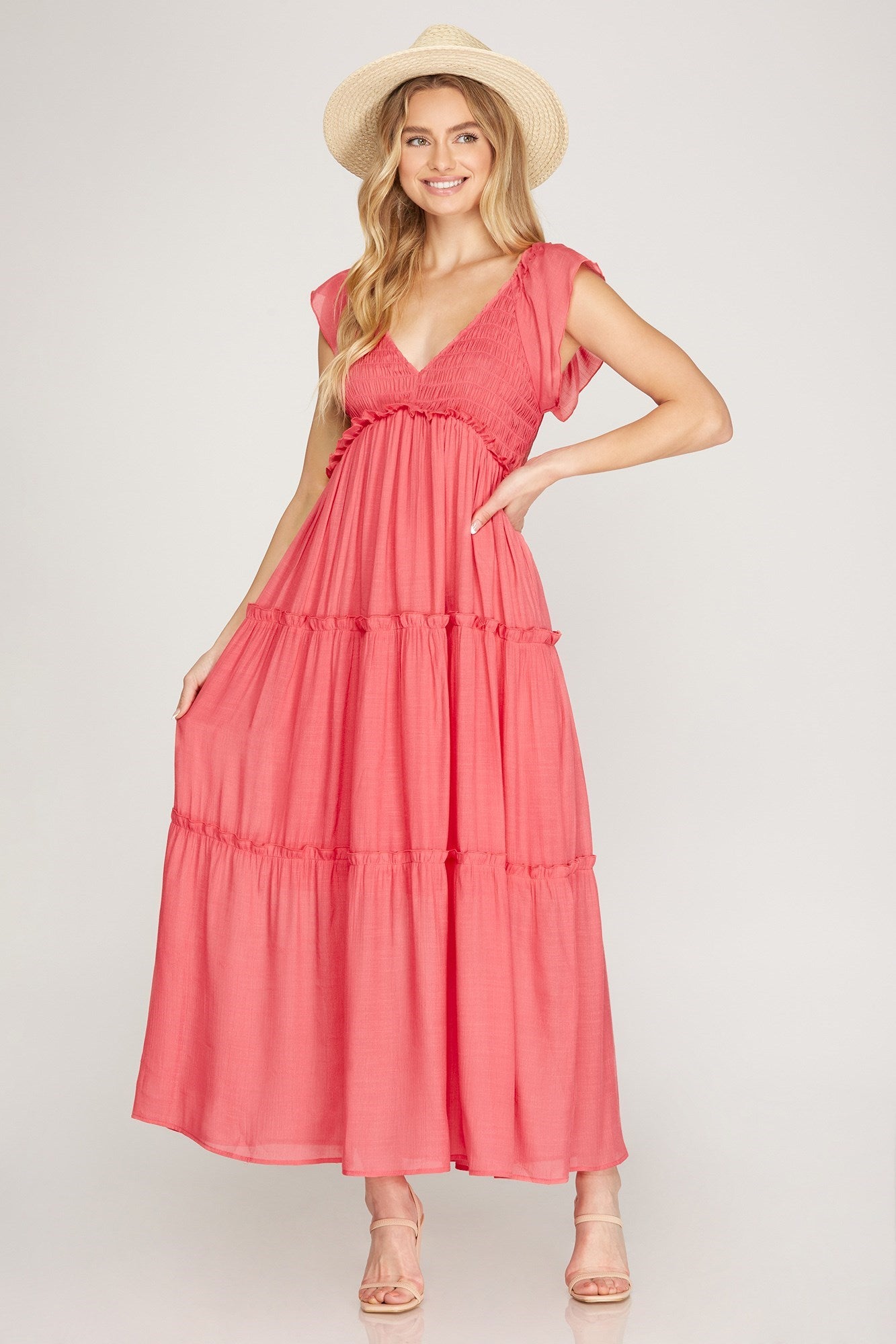 RUFFLED SLEEVE SMOCKED MAXI TIERED WOVEN DRESS