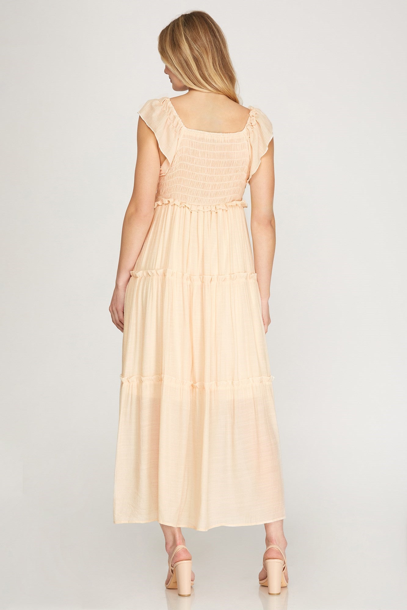 RUFFLED SLEEVE SMOCKED MAXI TIERED WOVEN DRESS