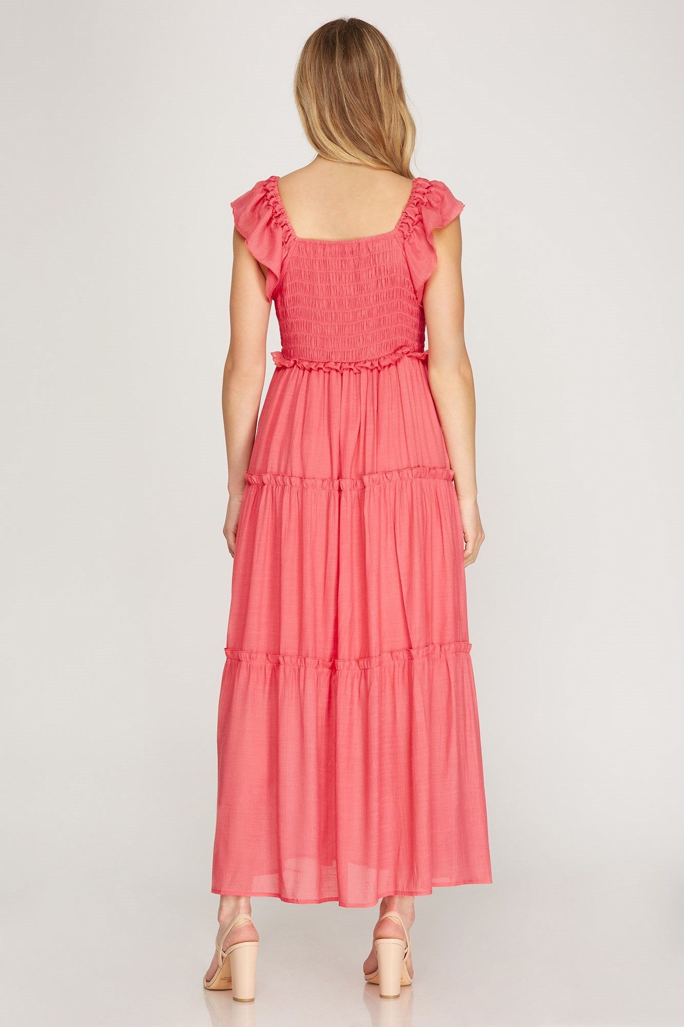 RUFFLED SLEEVE SMOCKED MAXI TIERED WOVEN DRESS