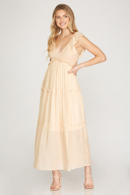 RUFFLED SLEEVE SMOCKED MAXI TIERED WOVEN DRESS