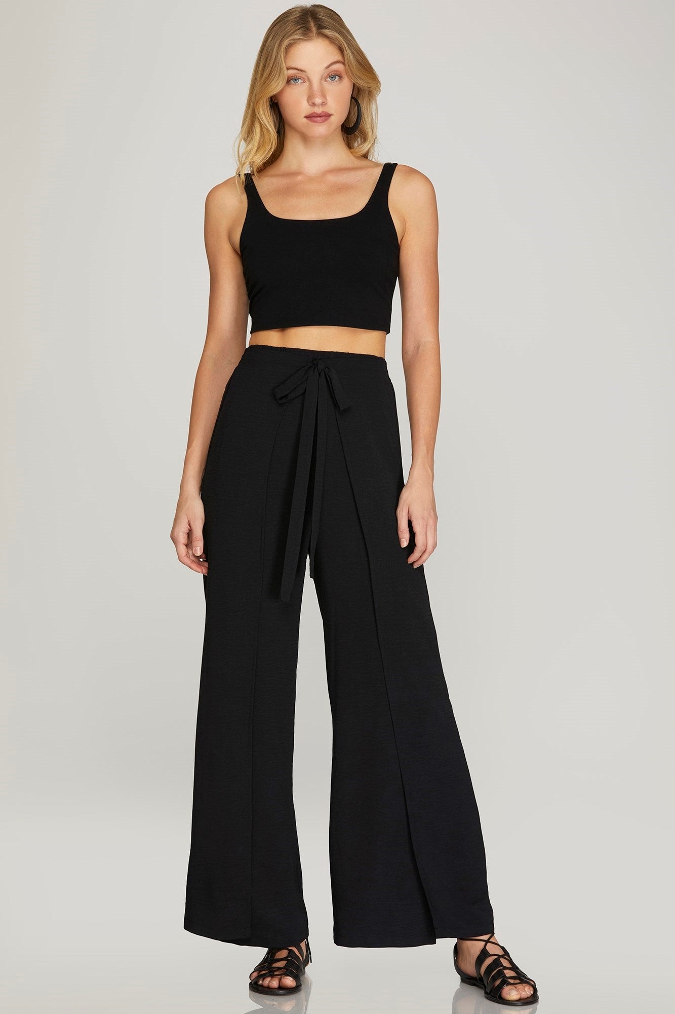 BLACK WIDE LEG WRAP WOVEN PANTS WITH FRONT WAIST TIE AND SIDE SLITS