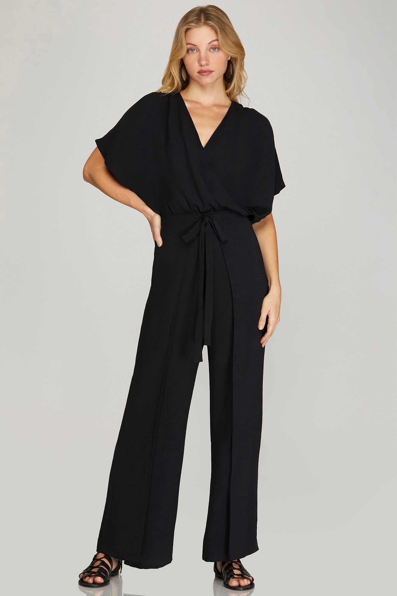 BLACK WIDE LEG WRAP WOVEN PANTS WITH FRONT WAIST TIE AND SIDE SLITS