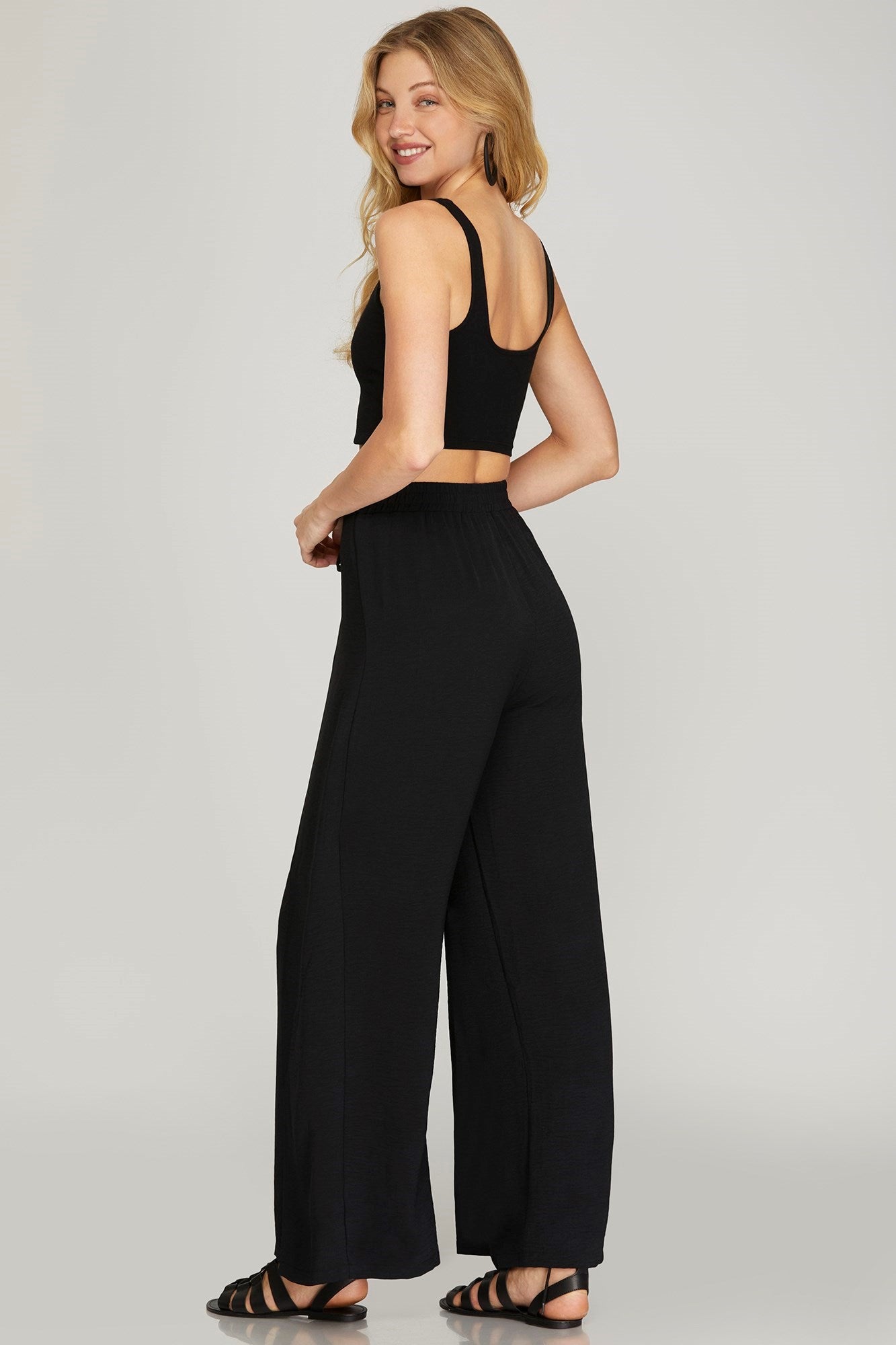 BLACK WIDE LEG WRAP WOVEN PANTS WITH FRONT WAIST TIE AND SIDE SLITS