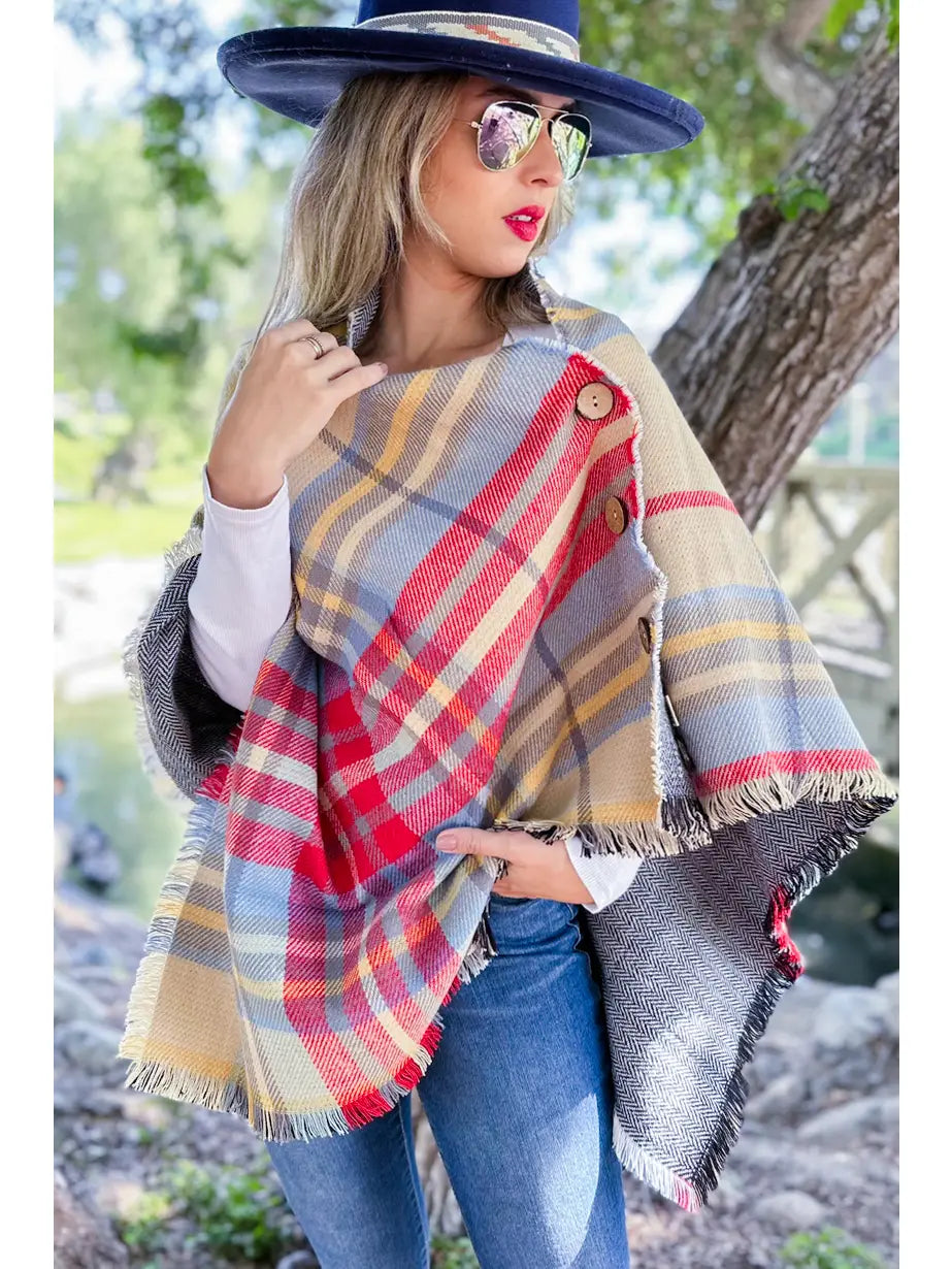 Beige Plaid Printed Shawl Scarf Poncho with Button