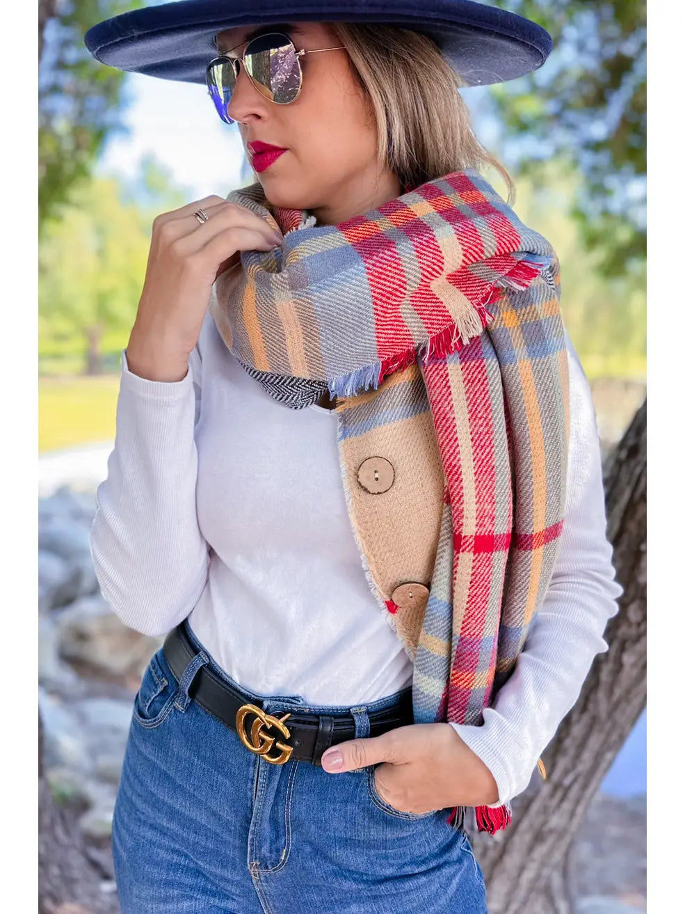 Beige Plaid Printed Shawl Scarf Poncho with Button