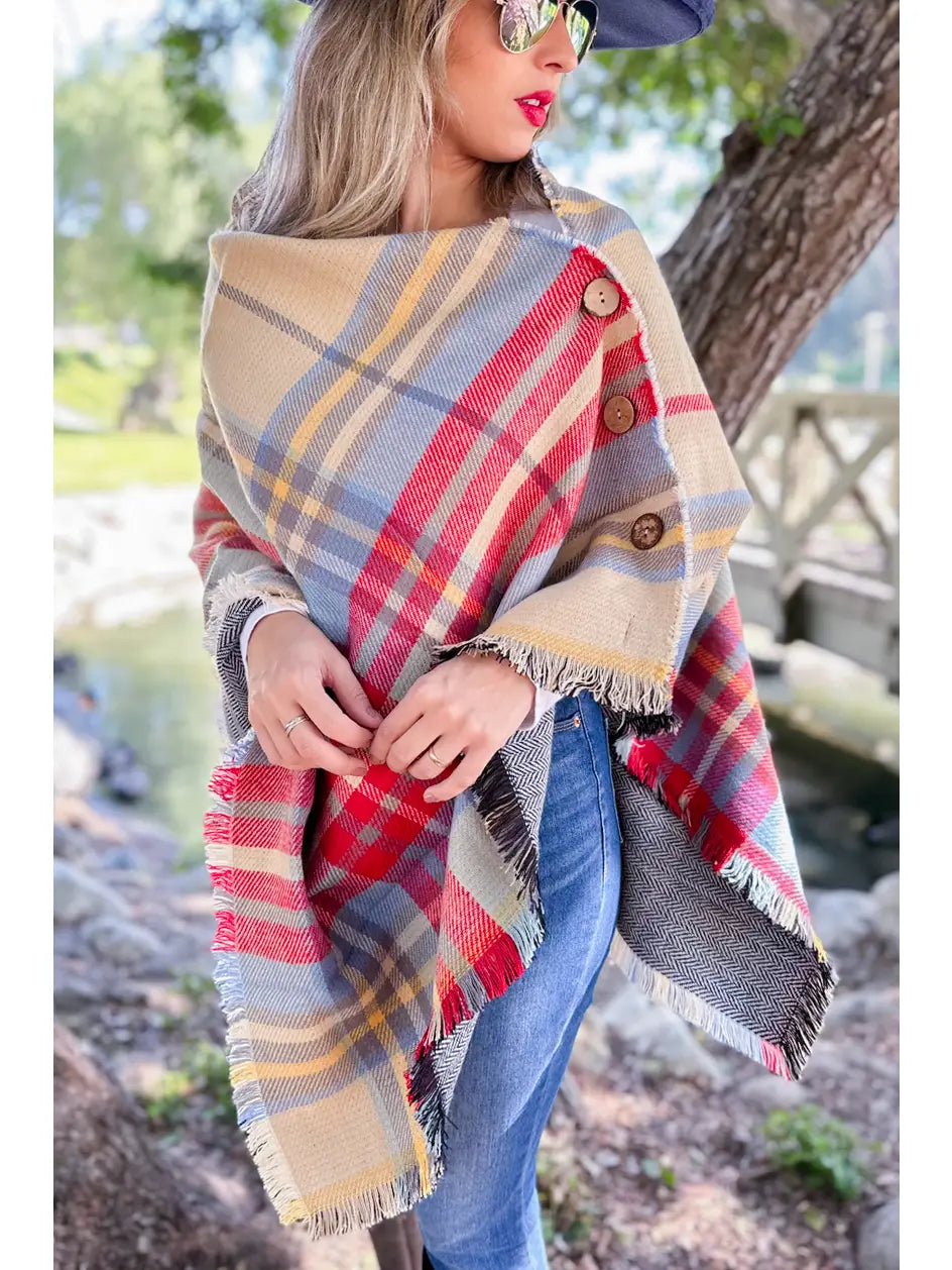 Beige Plaid Printed Shawl Scarf Poncho with Button