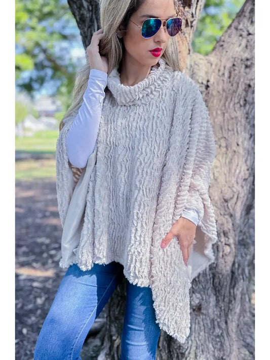 Beige Textured Faux Fur Cozy Turtleneck Poncho