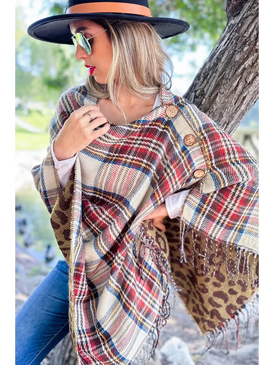 Ivory Plaid Leopard Reversible Shawl Poncho with Button