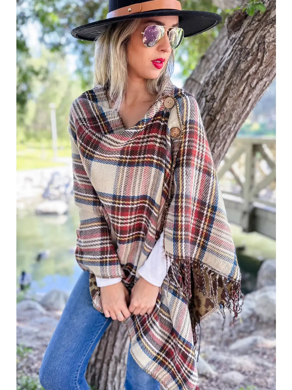 Ivory Plaid Leopard Reversible Shawl Poncho with Button