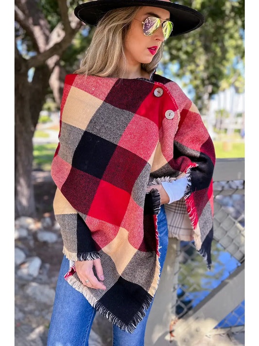 Black Red Plaid Printed Shawl Scarf Poncho with Button