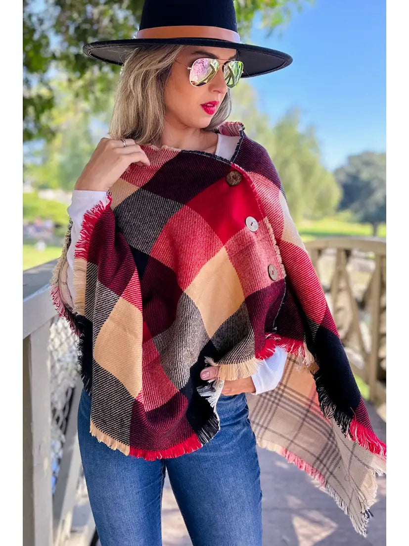 Black Red Plaid Printed Shawl Scarf Poncho with Button